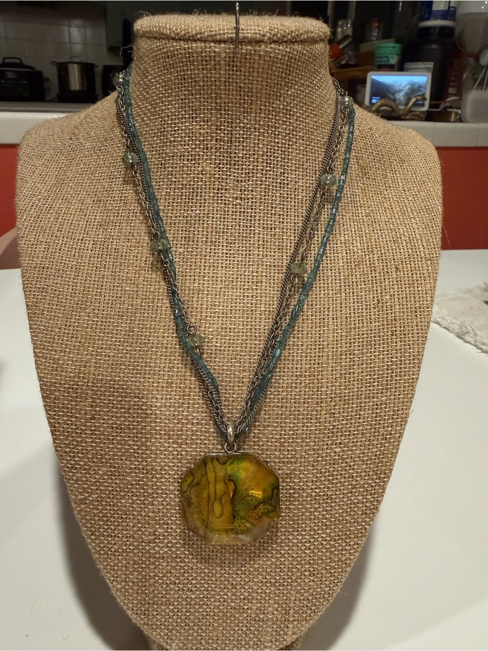 5X abalone Pendant Necklace with Multi-Strand/blue bead Chain 16”